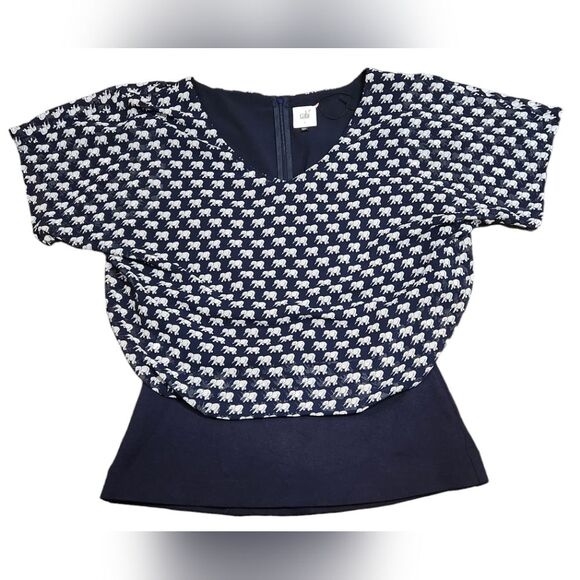 Cabi 5345 Blouse Elephant Parade  Print Navy Blue White Short Sleeve Sheer S - Picture 4 of 12